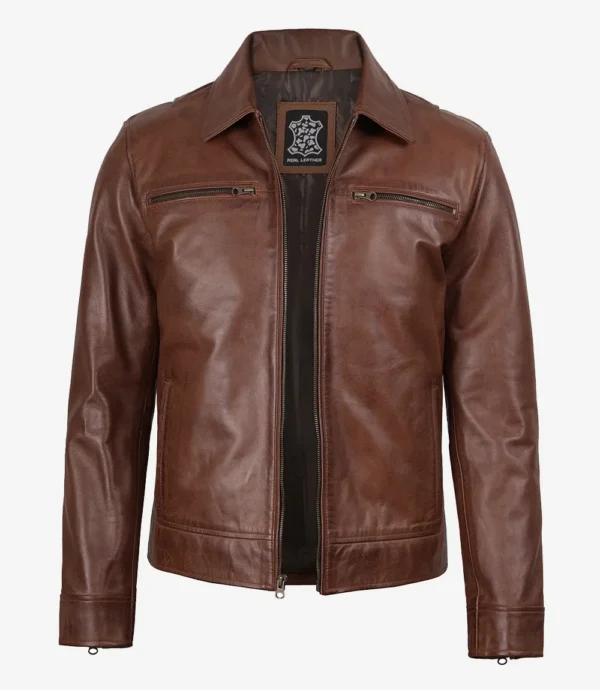 Men's Classic Shirt Collar Cognac Leather Jacket