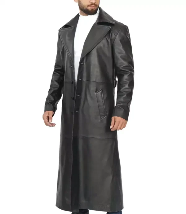 Men's Full-Length Black Leather Overcoat - Duster Coat