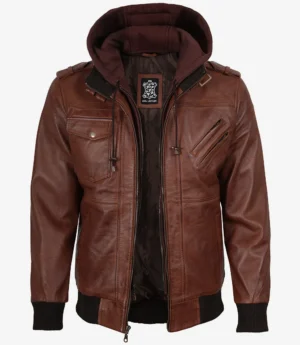 Mens Cognac Leather Bomber Jacket With Removable Hood