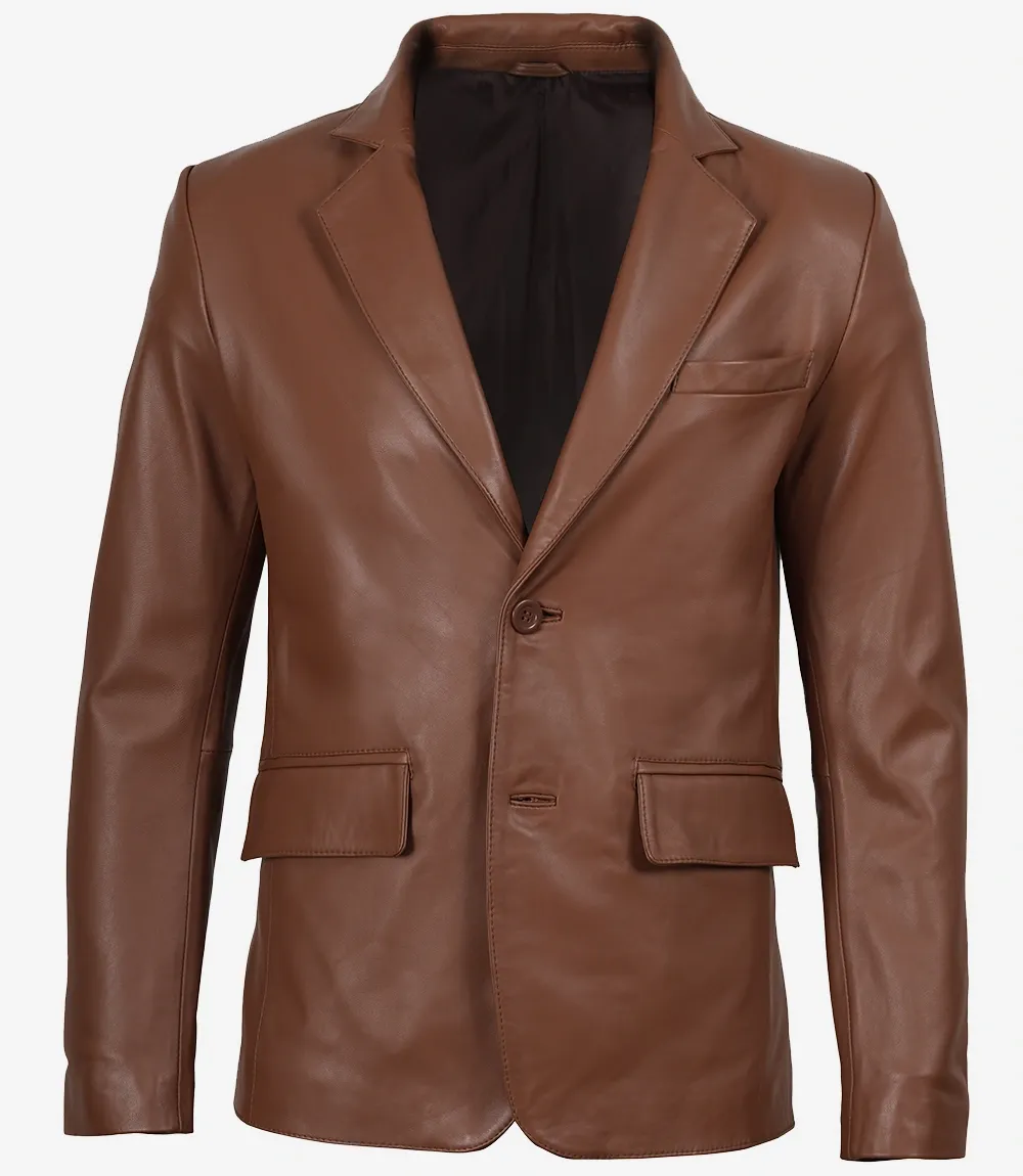 Mens Two Button Cognac Leather Blazer - Notch Lapel Mens Two Button Cognac Leather Blazer - Notch Lapel