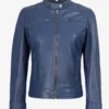 Women's Blue Biker Style Leather Jacket - Modern Fit