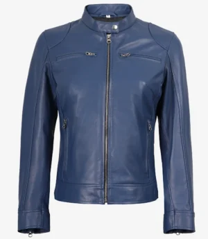 Women's Blue Biker Style Leather Jacket - Modern Fit