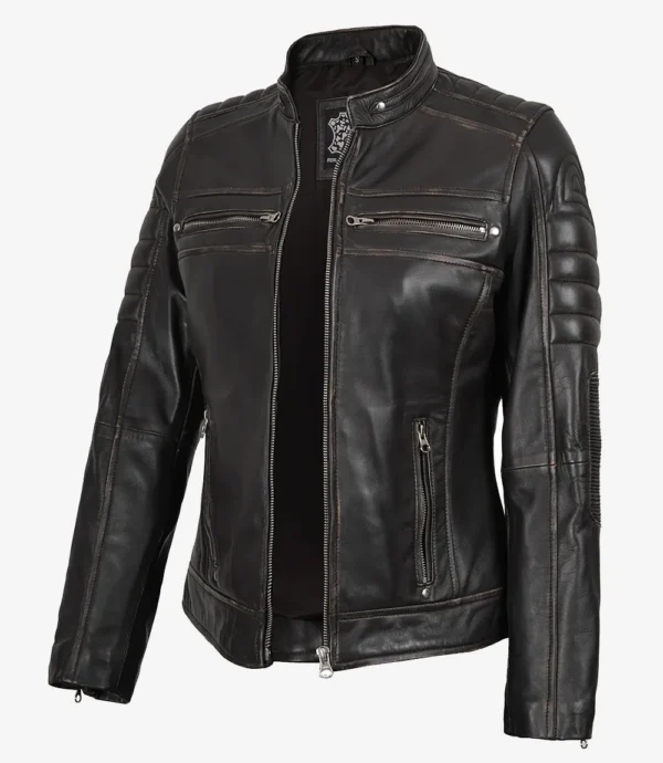 Womens Distressed Brown Biker Style Leather Jacket