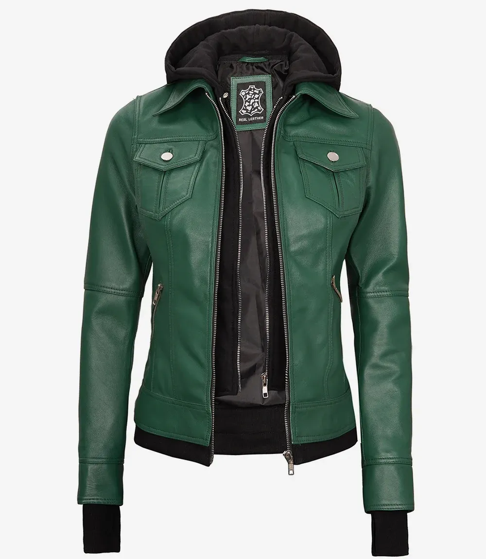 Womens Green Bomber Leather Jacket with Removable Hood Womens Green Bomber Leather Jacket with Removable Hood