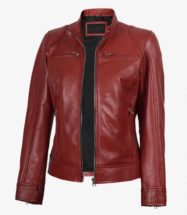 Womens Real Leather Red Biker Style Jacket