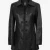Womens Black 3/4 Length Button Down Leather Coat