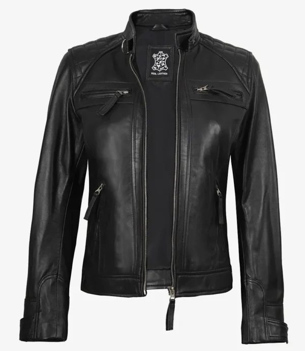 Womens Black Leather Biker Style Jacket - Quilted Shoulder