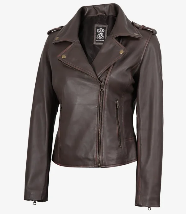 Women's Dark Brown Asymmetrical Biker Style Leather Jacket