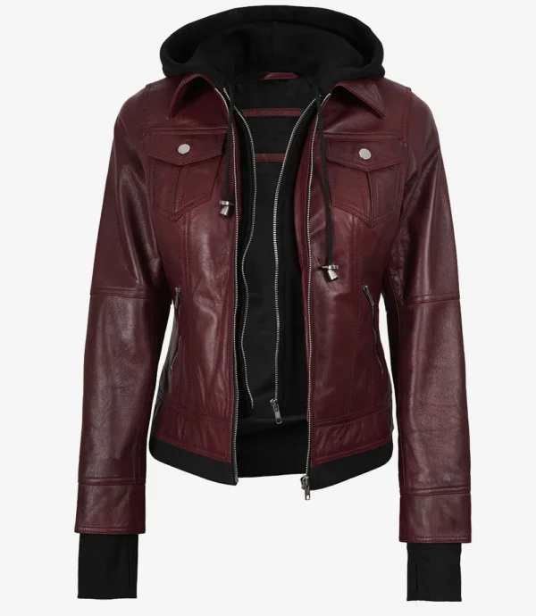 Womens Burgundy Bomber Leather Jacket With Removable Hood