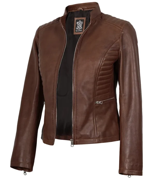 Womens Real Leather Cognac Waxed Biker Style Jacket