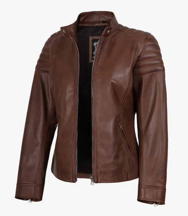 Women's Cognac Biker Style Leather Jacket
