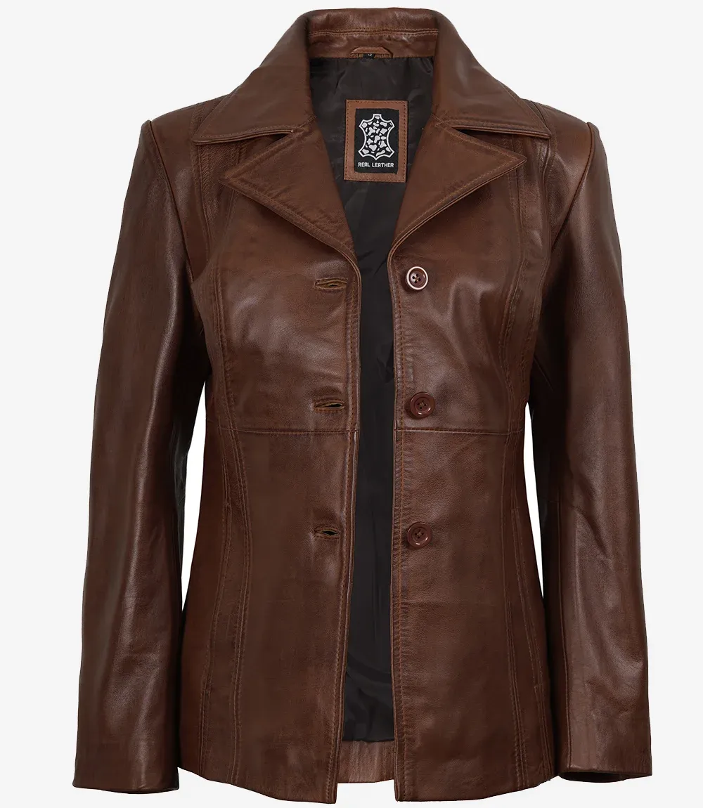 Women's Three Button Brown Leather Blazer Women's Three Button Brown Leather Blazer