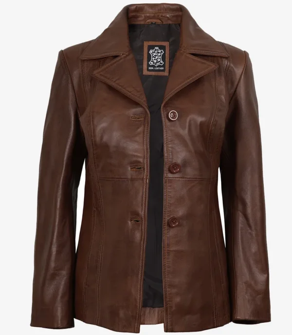 Women's Three Button Brown Leather Blazer