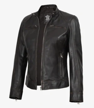 Dodge Womens Distressed Brown Biker Style Leather Jacket