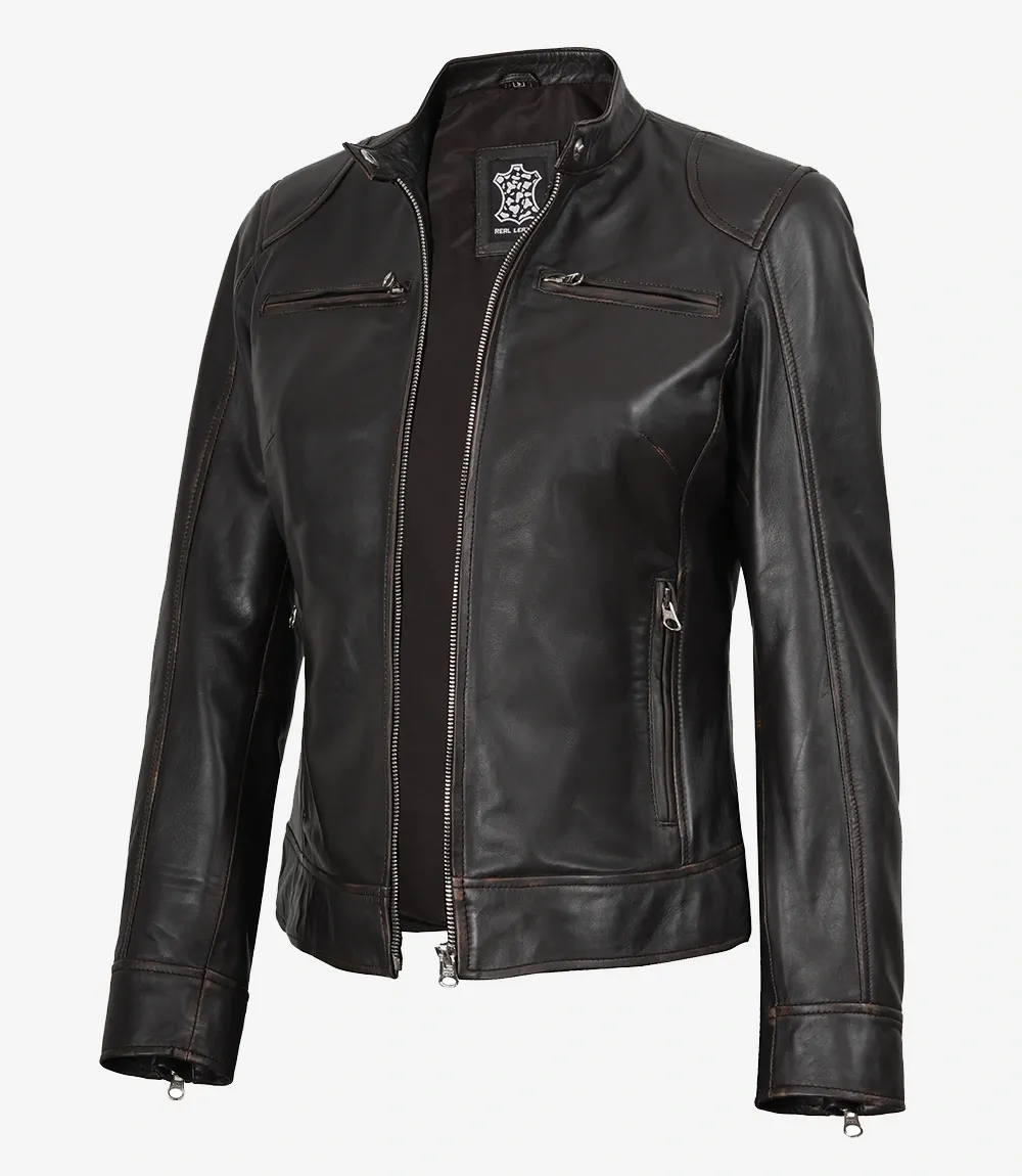 Dodge Womens Distressed Brown Biker Style Leather Jacket Dodge Womens Distressed Brown Biker Style Leather Jacket