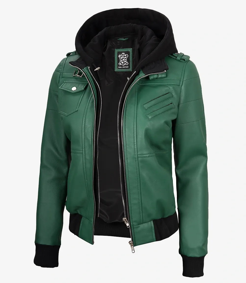 Womens Green Hooded Bomber Leather Jacket Womens Green Hooded Bomber Leather Jacket