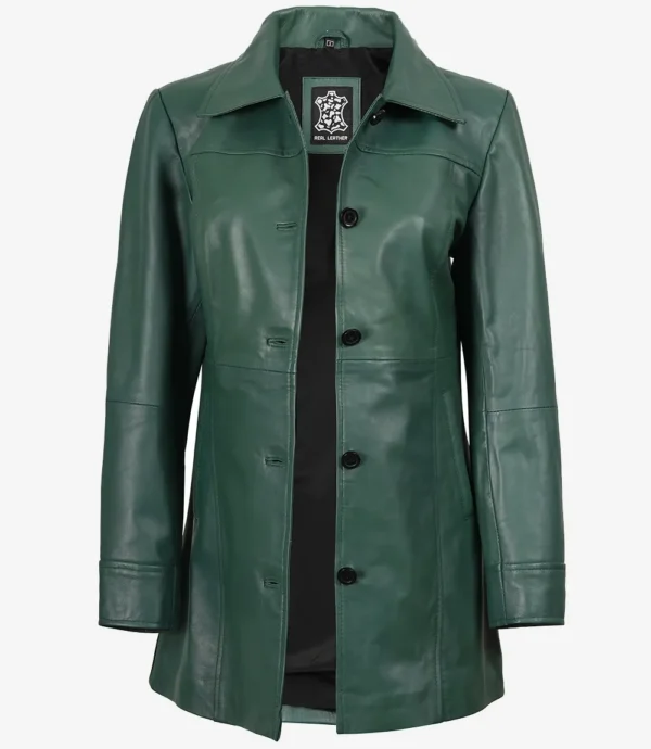 Women's Real Leather 3/4 Length Button Down Green Coat