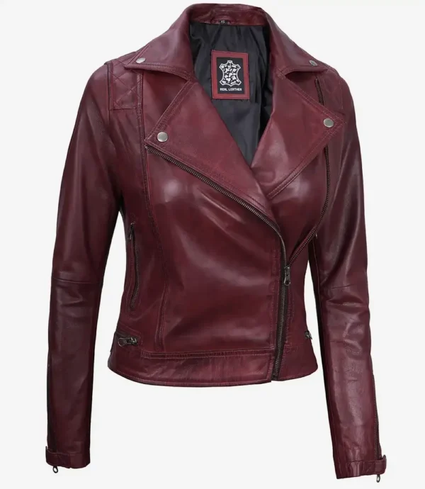 Women's Real Lambskin Leather Maroon Biker Style Jacket