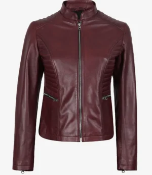 Women's Burgundy Leather Biker Style Jacket