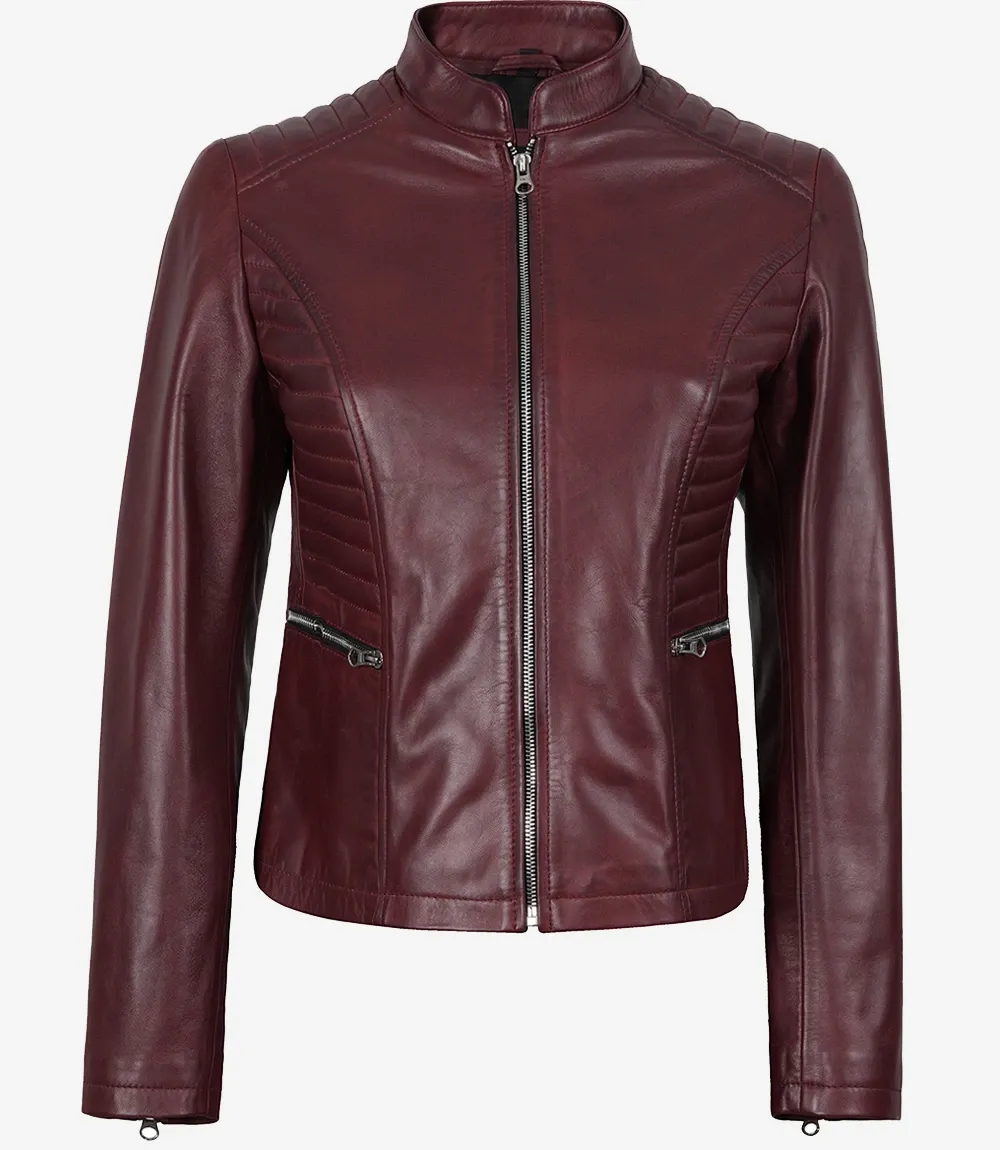 Women's Burgundy Leather Biker Style Jacket Women's Burgundy Leather Biker Style Jacket