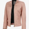Dodge Light Pink Biker Style Leather Jacket for Women