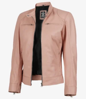 Dodge Light Pink Biker Style Leather Jacket for Women