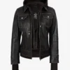 Women's Distressed Brown Bomber Leather Jacket with Removable Hood