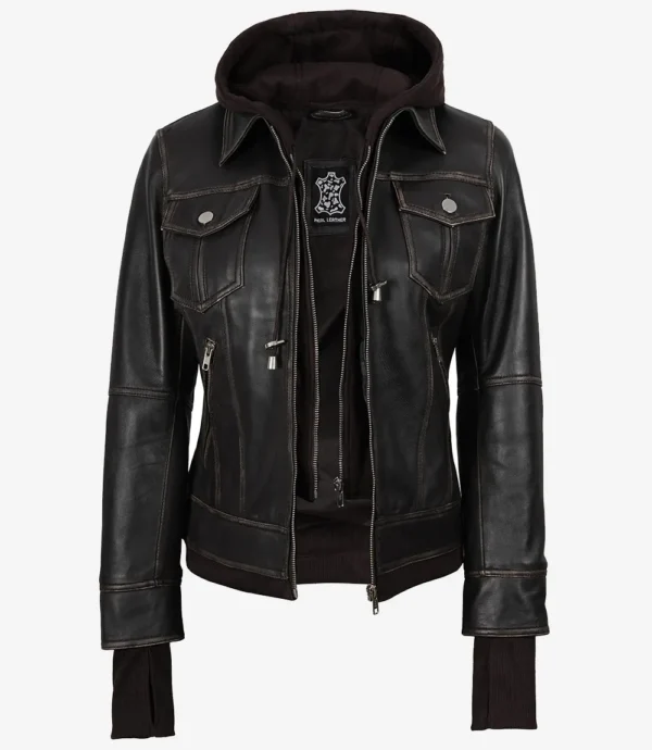 Women's Distressed Brown Bomber Leather Jacket with Removable Hood