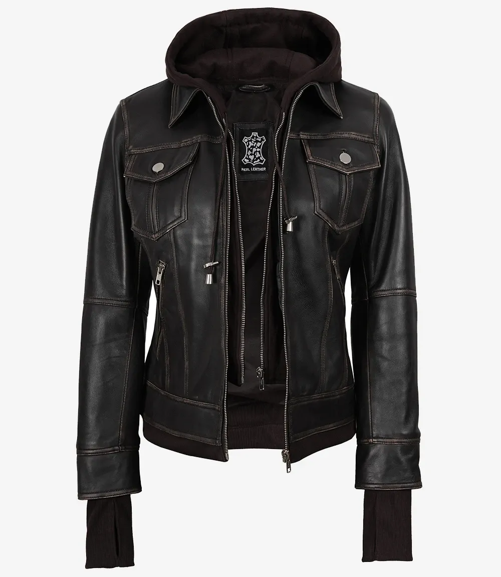 Women's Distressed Brown Bomber Leather Jacket with Removable Hood