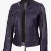 Women's Purple Biker Style Leather Jacket - Quilted Shoulder