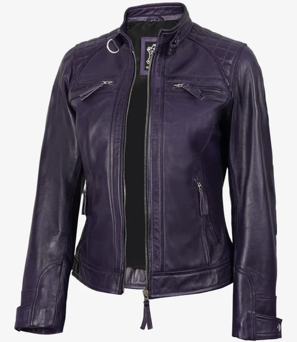 Women's Purple Biker Style Leather Jacket - Quilted Shoulder