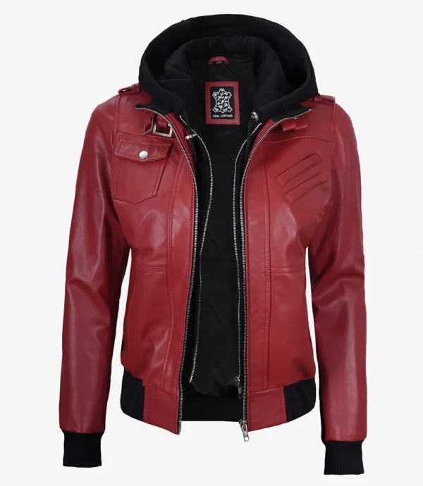 Womens Red Hooded Bomber Leather Jacket