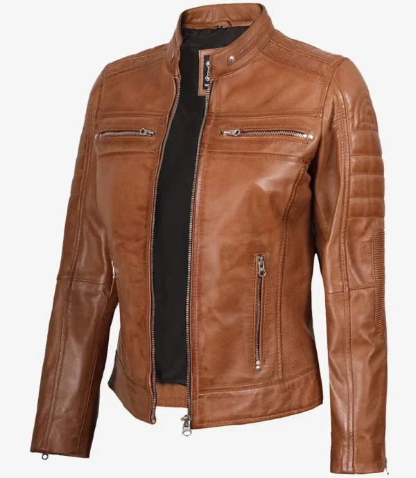 Womens Tan Biker Style Leather Jacket