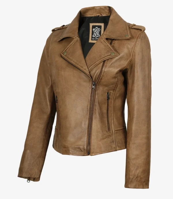 Women's Real Leather Camel Brown Biker Style Jacket