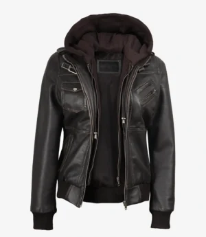 Womens Distressed Brown Hooded Bomber Leather Jacket