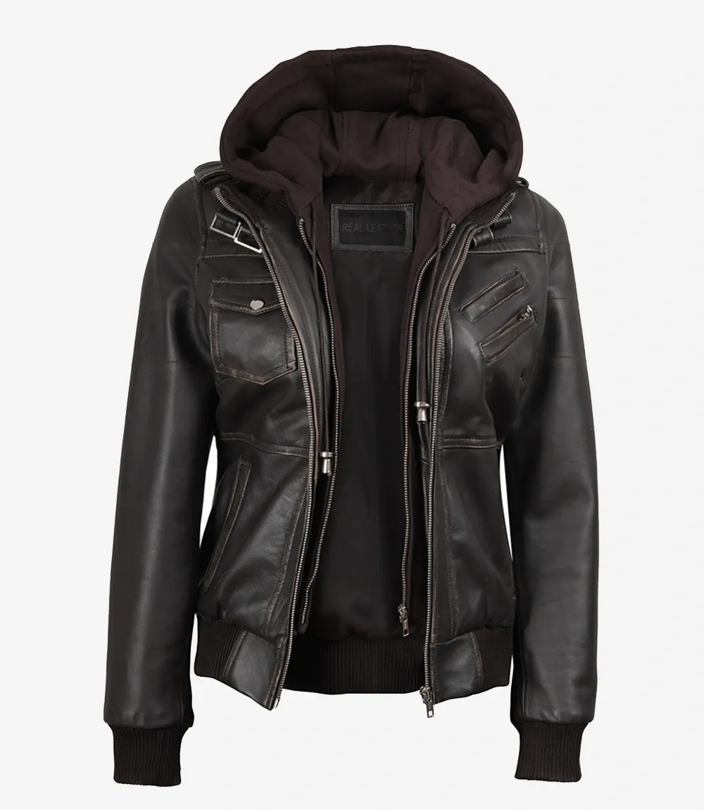 Womens Distressed Brown Hooded Bomber Leather Jacket Womens Distressed Brown Hooded Bomber Leather Jacket