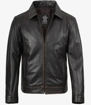 Mens Shirt Collar Classic Distressed Brown Leather Jacket