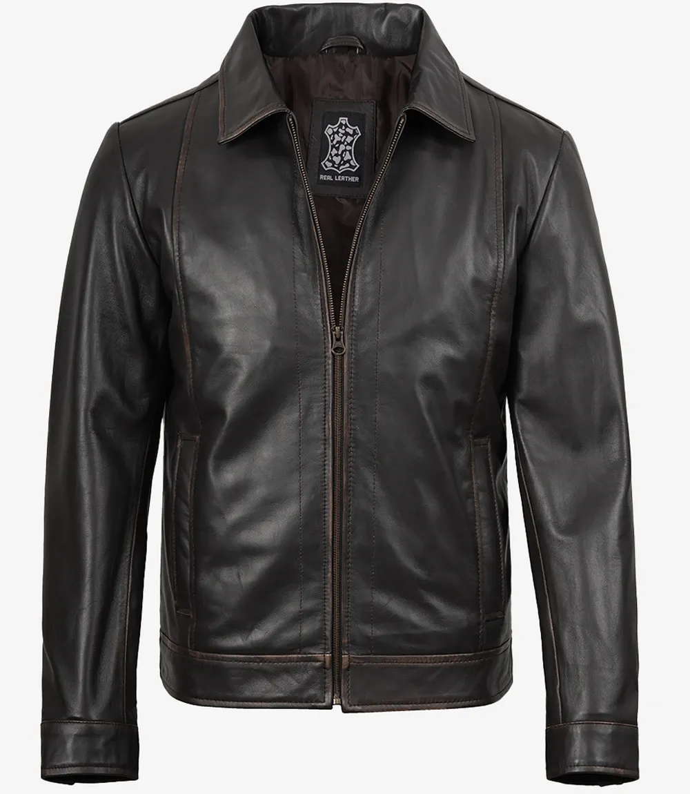 Mens Shirt Collar Classic Distressed Brown Leather Jacket Mens Shirt Collar Classic Distressed Brown Leather Jacket
