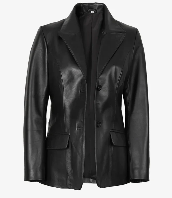 Women's Two Button Black Leather Blazer