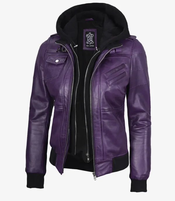 Womens Purple Bomber Leather Jacket with Removeable Hood