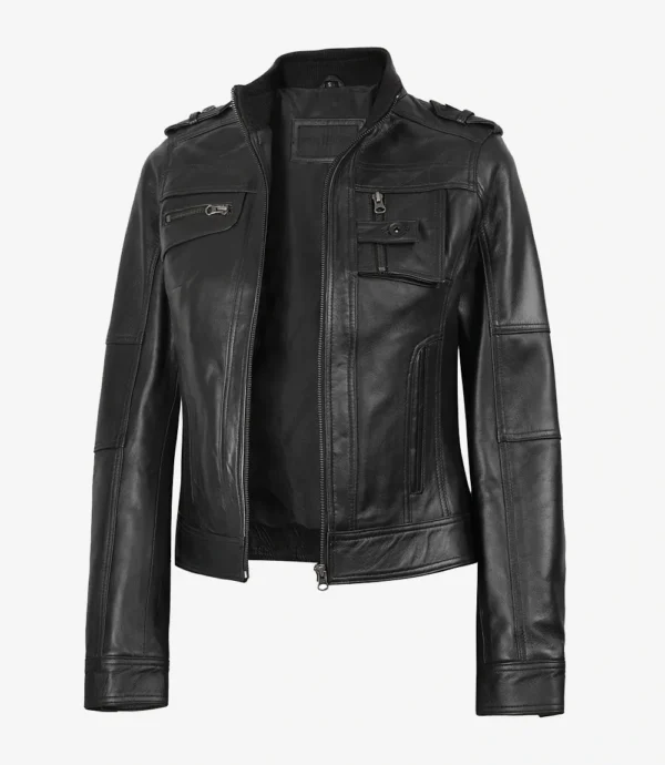 Womens Black Leather Moto Jacket - Classic Biker Style