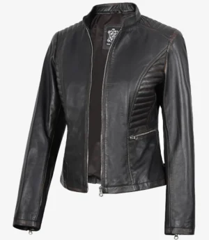 Womens Distressed Black Leather Biker Style Jacket