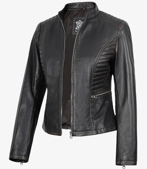Womens Distressed Black Leather Biker Style Jacket