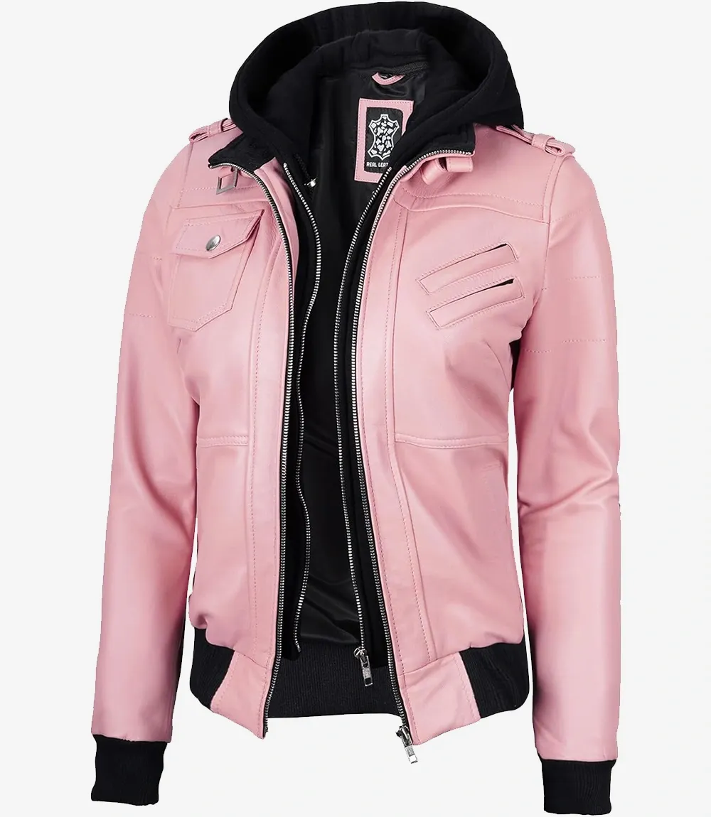 Womens Pink Hooded Bomber Leather Jacket Womens Pink Hooded Bomber Leather Jacket