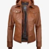 Tralee Women's Tan Waxed Bomber Leather Jacket With Detachable Hood
