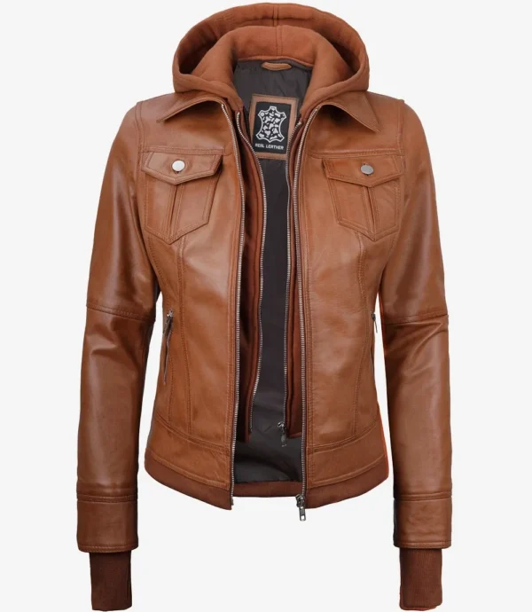 Tralee Women's Tan Waxed Bomber Leather Jacket With Detachable Hood