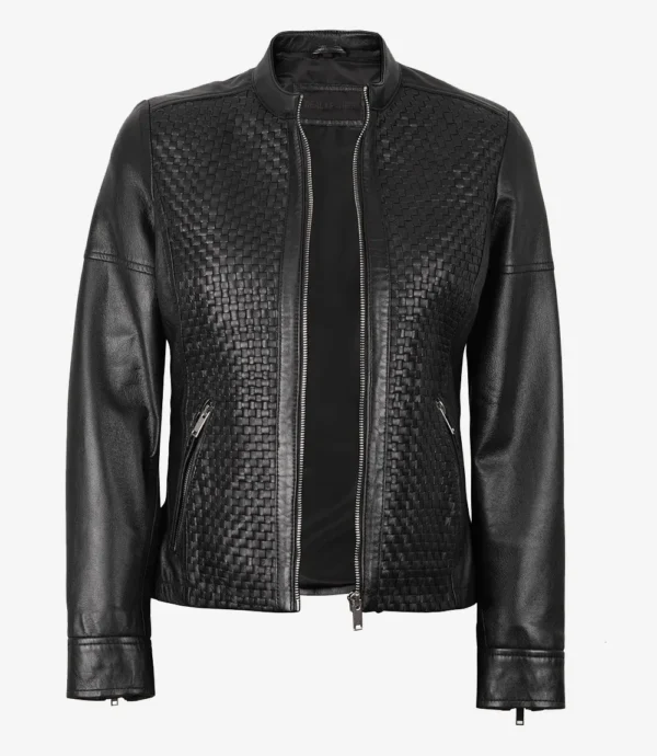 Maude Black Textured Leather Jacket for Women
