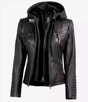 Women's Black Leather Jacket with Removable Hood