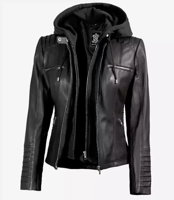 Women's Black Leather Jacket with Removable Hood