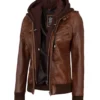 Womens Cognac Leather Bomber Jacket With Hood